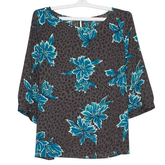 Apt 9 Top 3/4 Sleeve Floral Animal Print Boho Casual Tie Back Gray Blue Size XXL - Picture 1 of 6